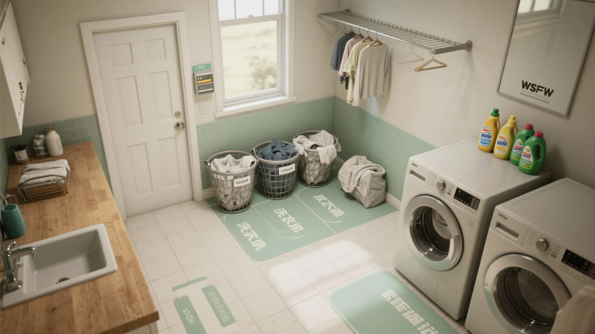 Bright laundry room interior design with washing machines baskets clothes rail and white wooden door
