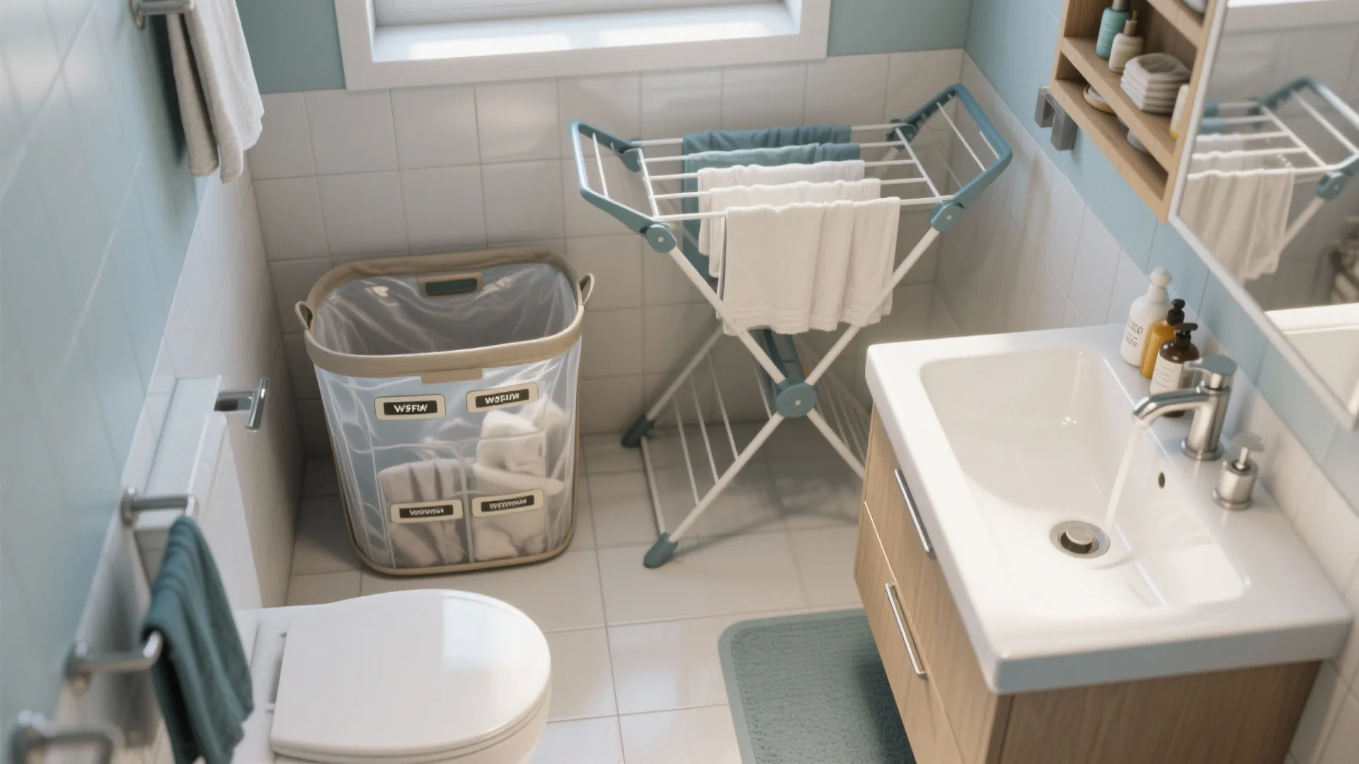 Compact bathroom layout with white sink wooden cabinet toilet laundry basket and clothes drying rack