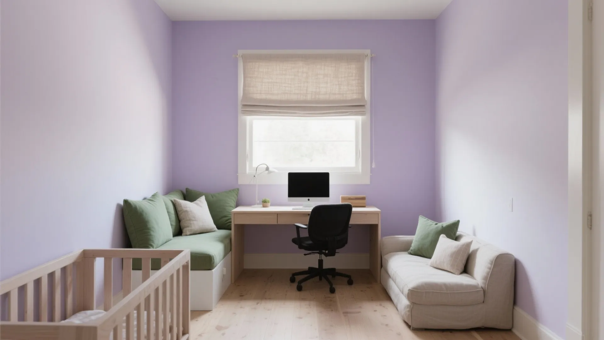 Purple home office with a wooden desk, black chair, green sofa, crib, and window light