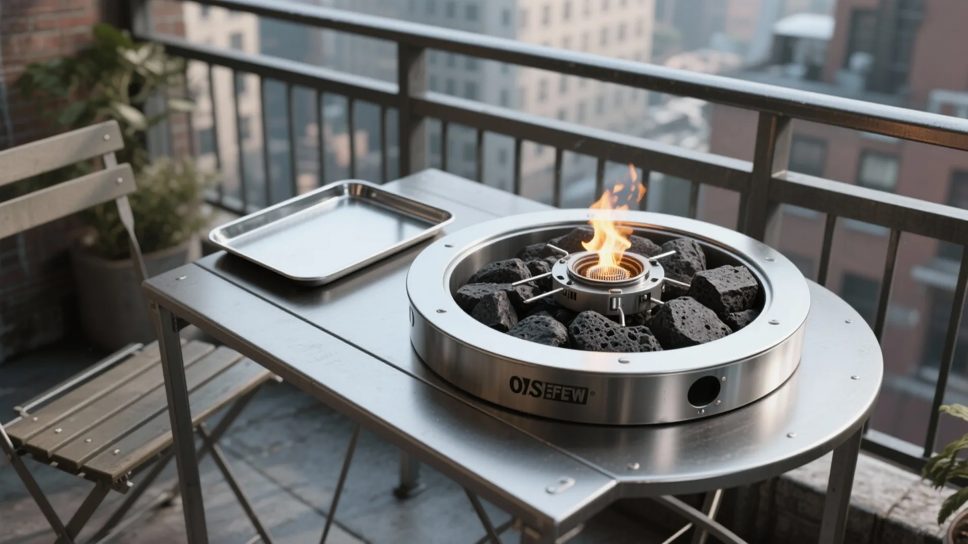 Small metal fire pit with black rocks and flame sitting on a silver balcony table