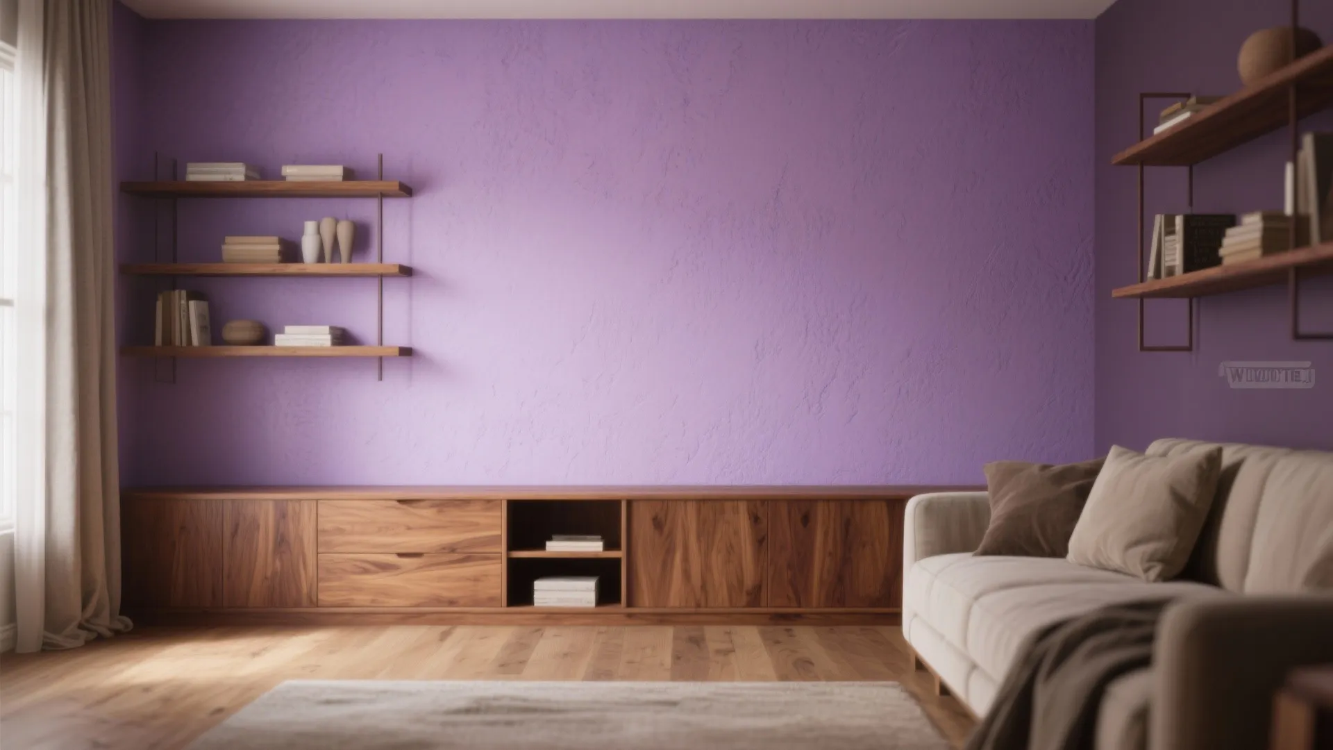 1. Lavender Accent Wall with Warm Wood