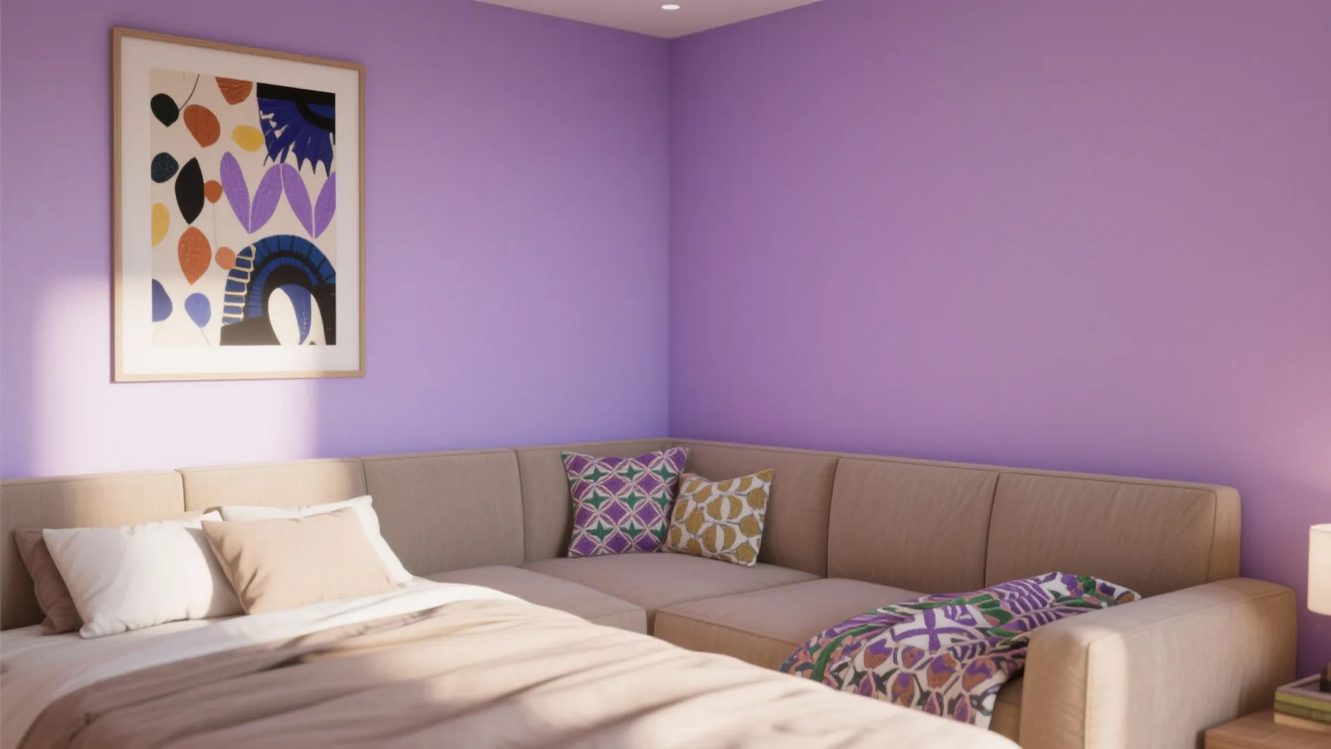 2. Lavender Accent Wall with Warm Neutrals
