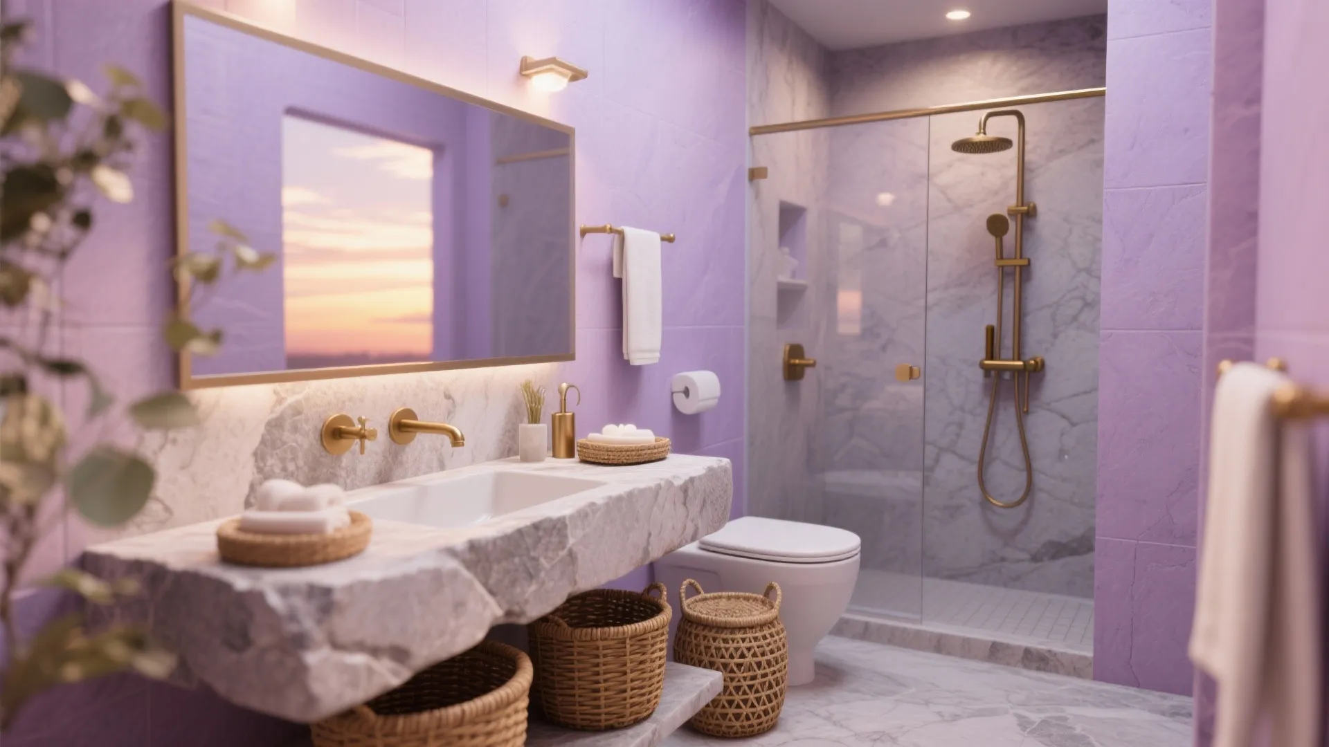 Compact spa-like bathroom with soft lilac walls, natural stone, rattan accents, and warm metal fixtures.