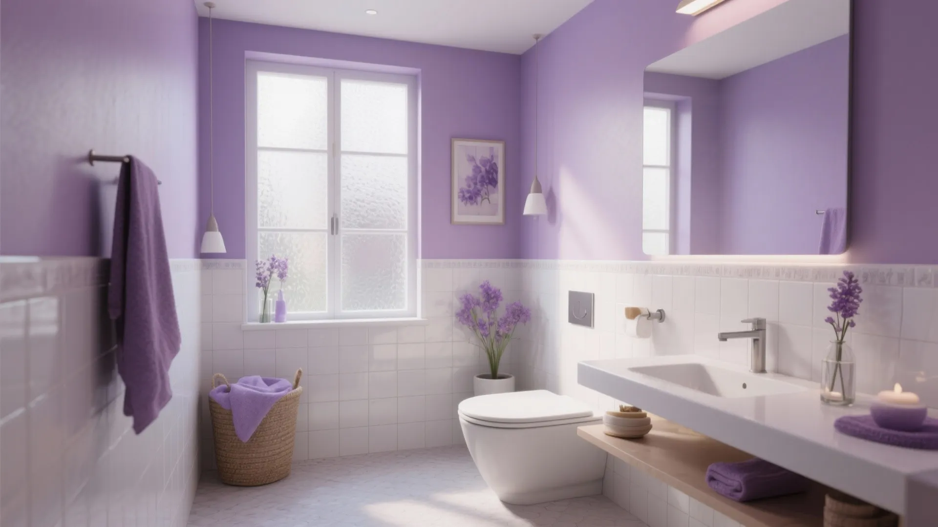 Modern lavender bathroom with white tiles white toilet a laundry basket window and purple flowers
