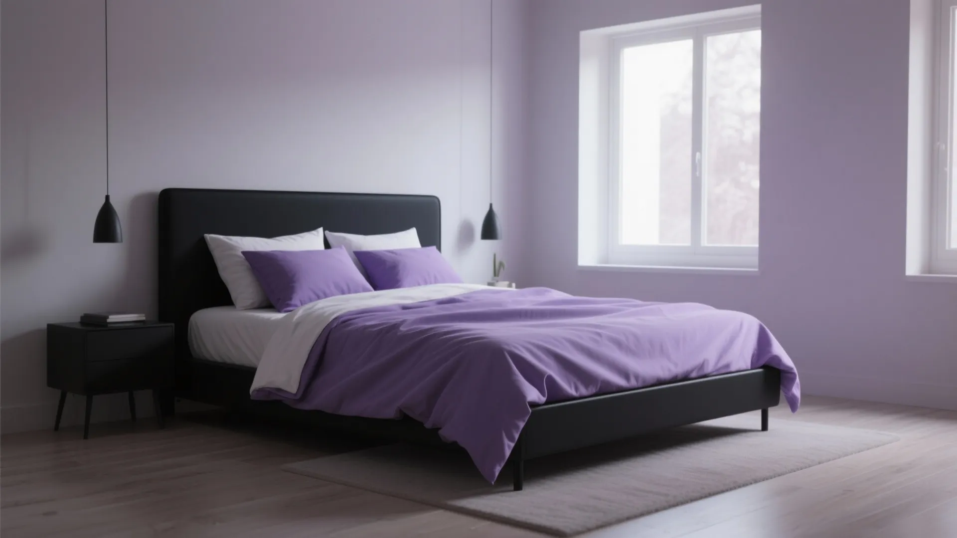 Tip 2: Use Lavender Bedding to Soften Black Furniture