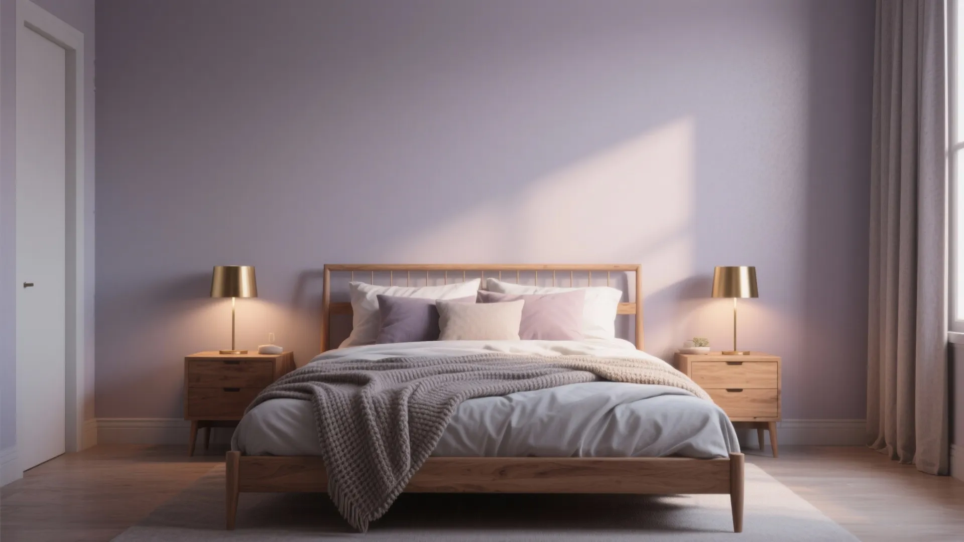 Small bedroom with muted gray-lavender walls, warm oak furniture, and matte brass accents.