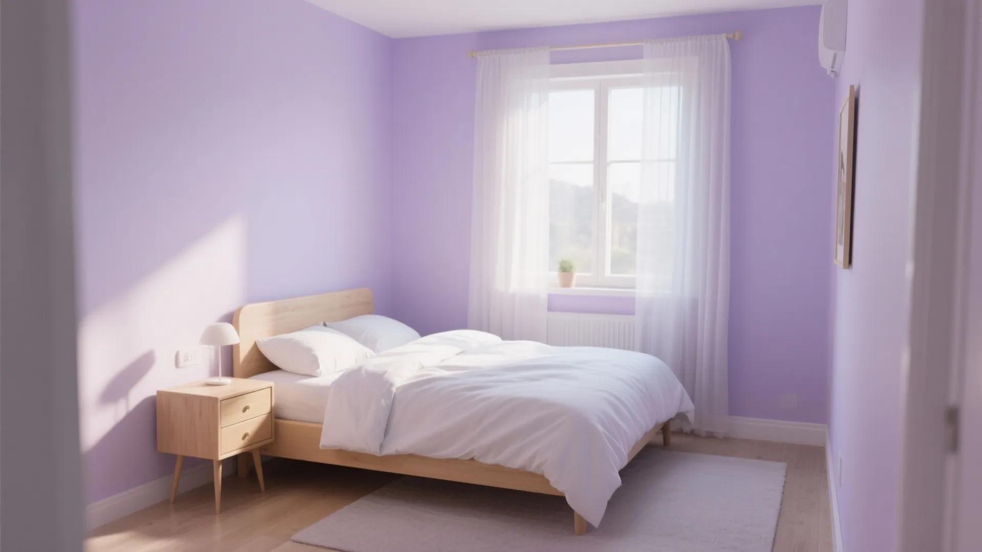 Minimalist bedroom with purple walls wooden bed white bedding side table lamp window and grey rug