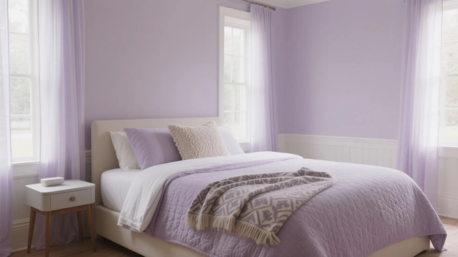 Light purple bedroom with white bed purple pillows patterned blanket white side table and windows