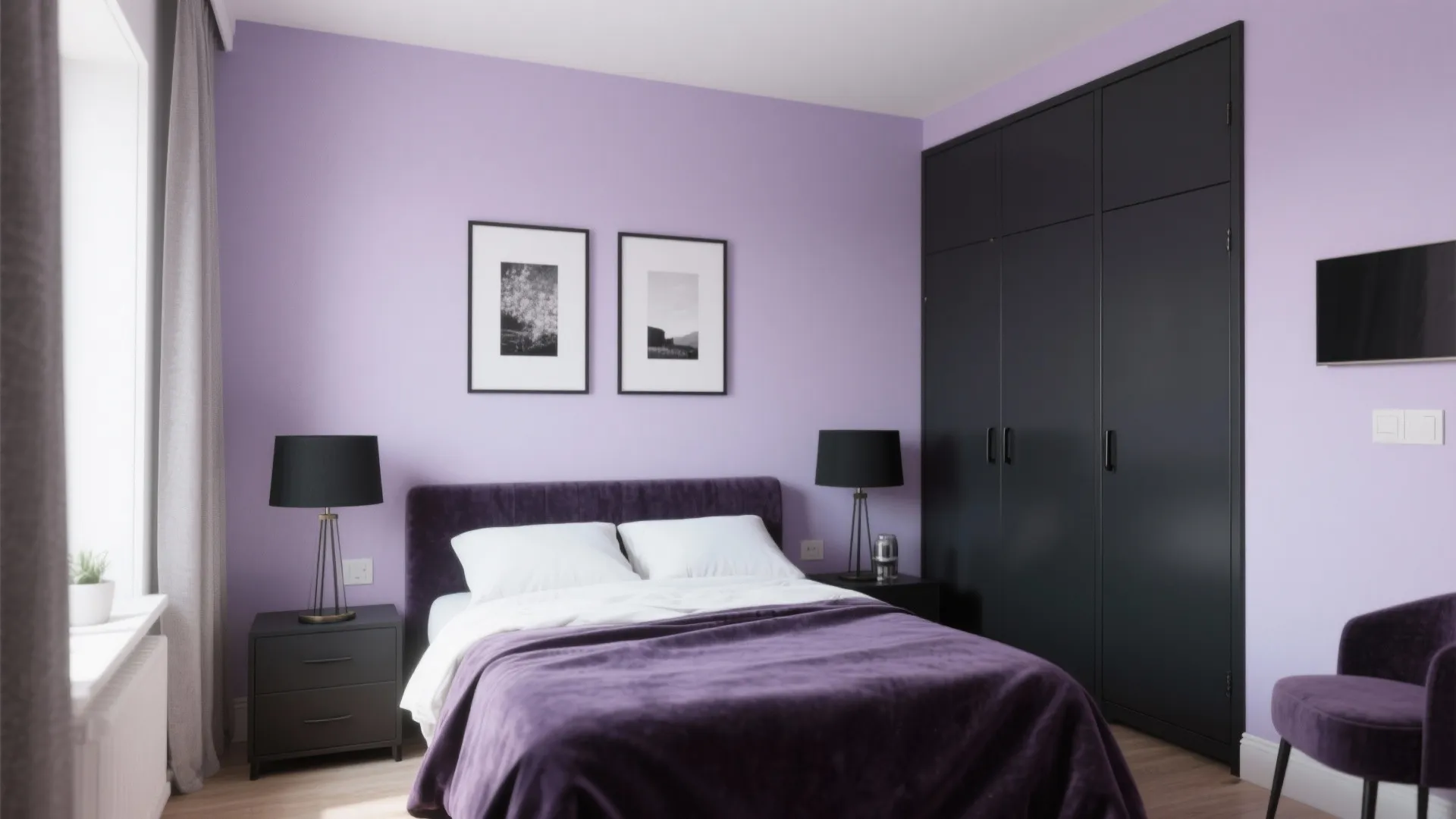 Tip 1: Layer Soft Lavender Walls with Matte Black Accents