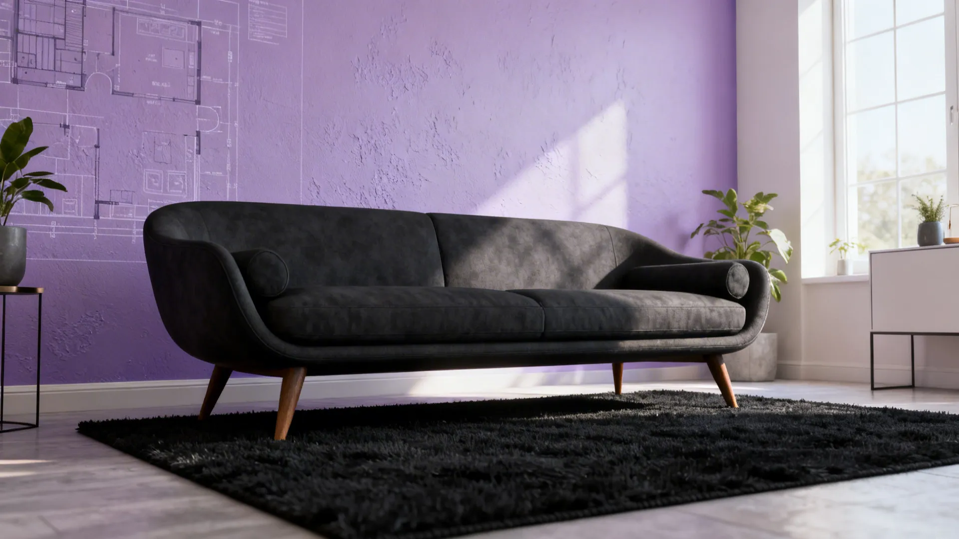 Modern black sofa on a black rug against a purple wall with a room layout
