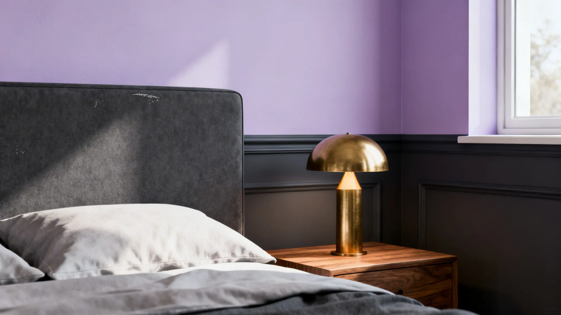 Bedroom corner with soft lavender walls, charcoal headboard and oak nightstand with brass lamp.