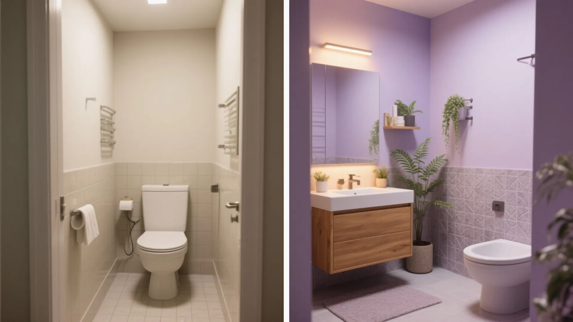 Before and after comparison of a simple white bathroom versus a modern purple bathroom design