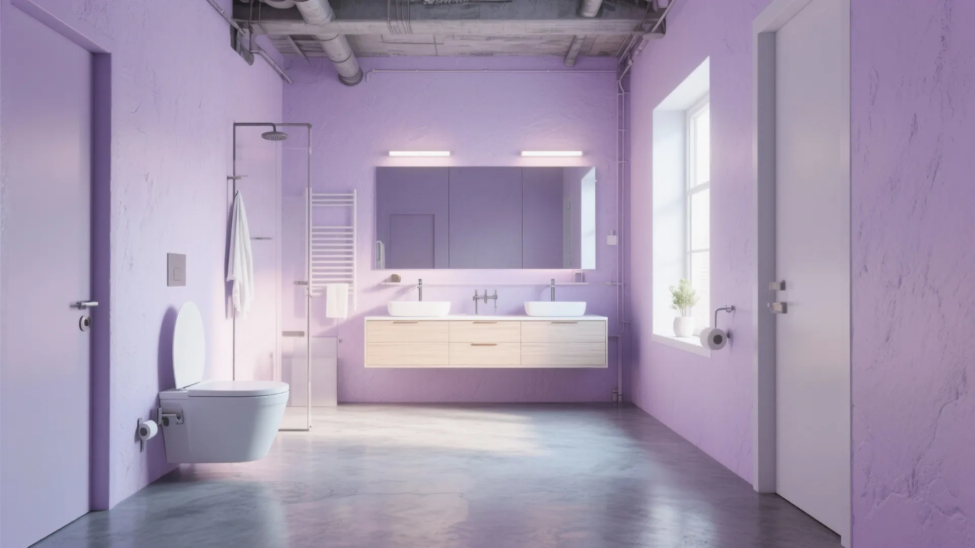 1. Soft Lavender Walls with Concrete Floors
