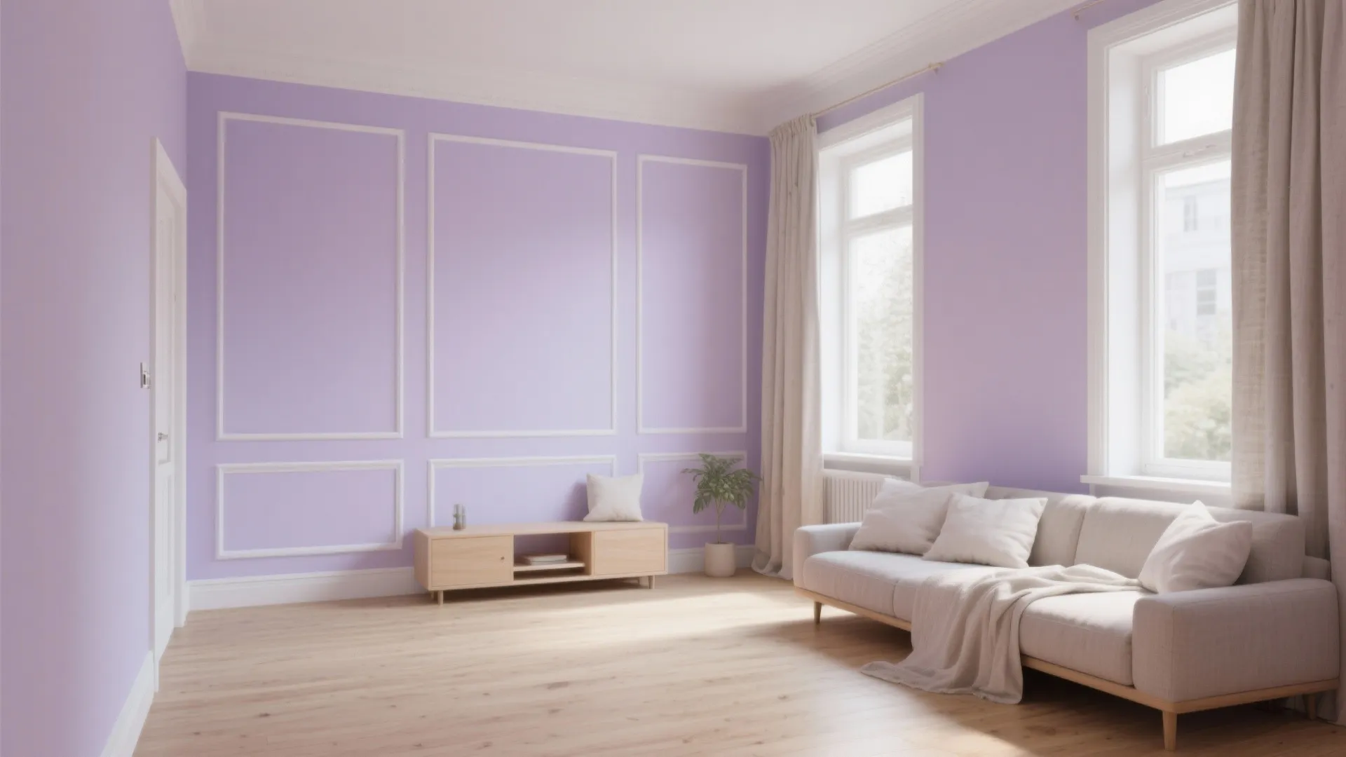 Modern living room with purple wall panel light wood floor white sofa and large windows