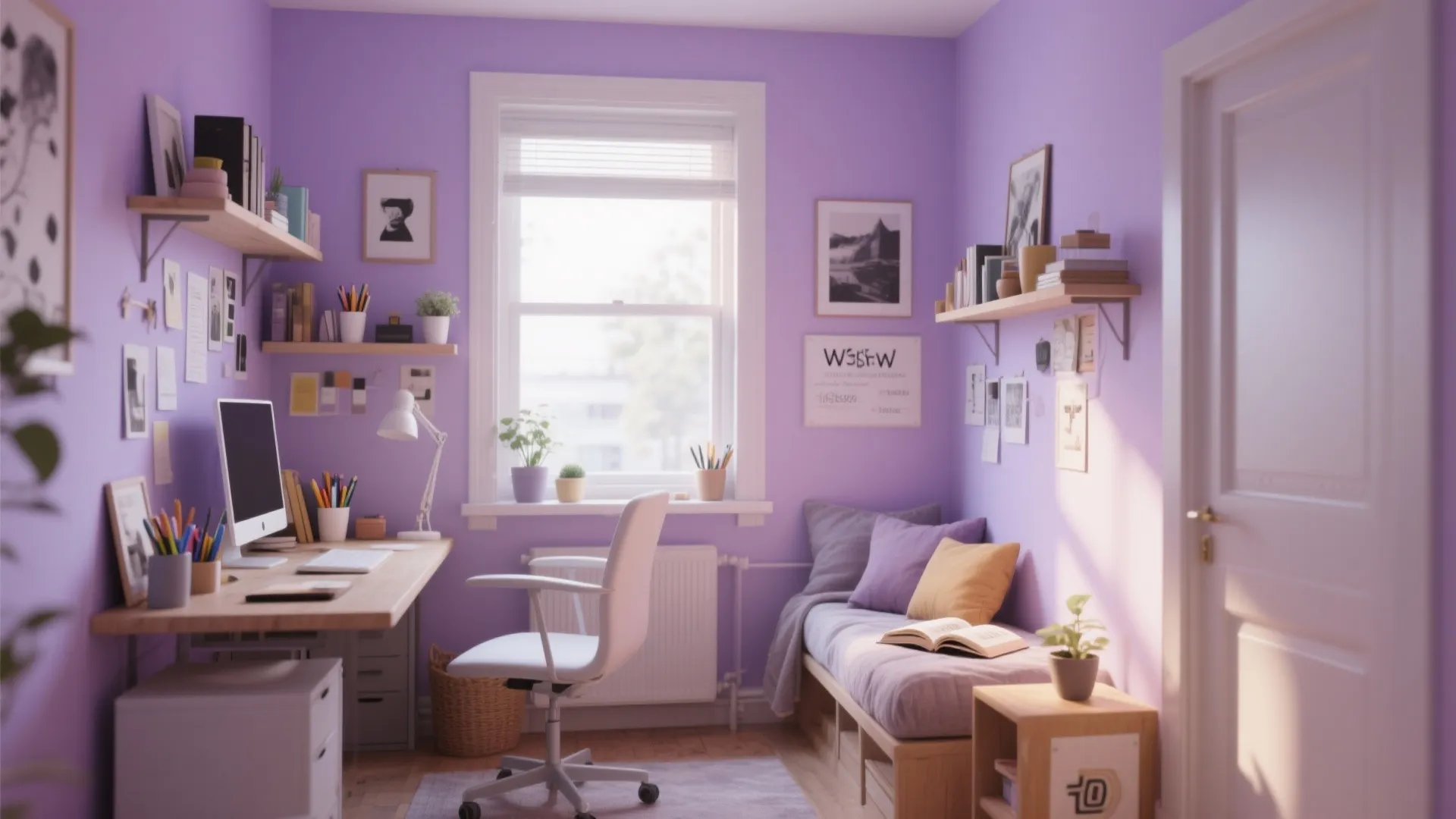 Purple small office with wooden desk white chair daybed window and wall shelves for storage