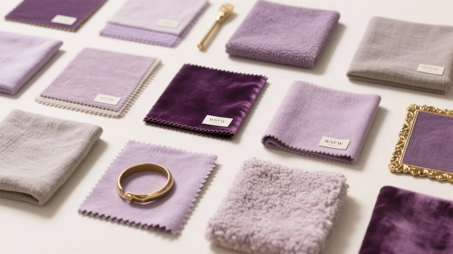 Flat lay of purple and grey fabric samples with gold ring and small gold picture frame