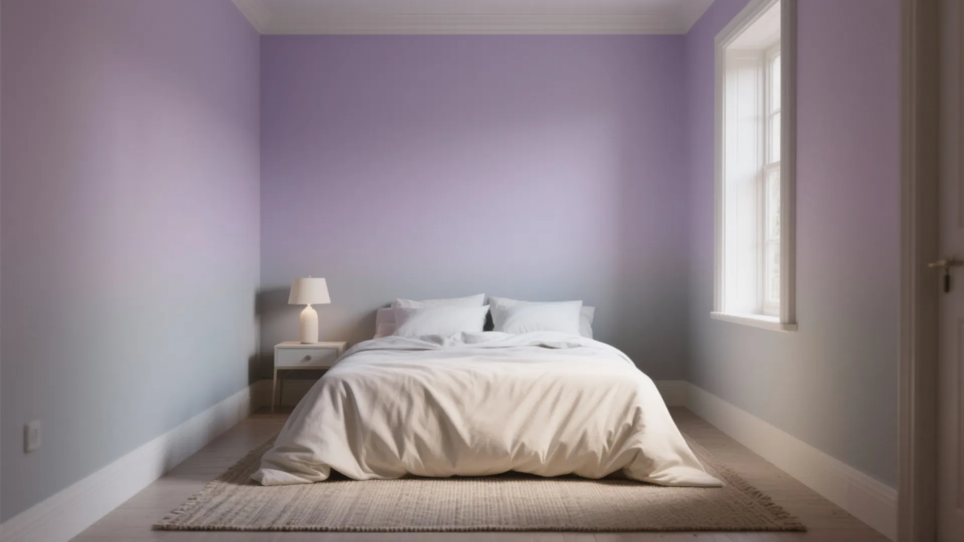 Minimalist bedroom with purple gradient walls white bed white bedside table lamp and small rug