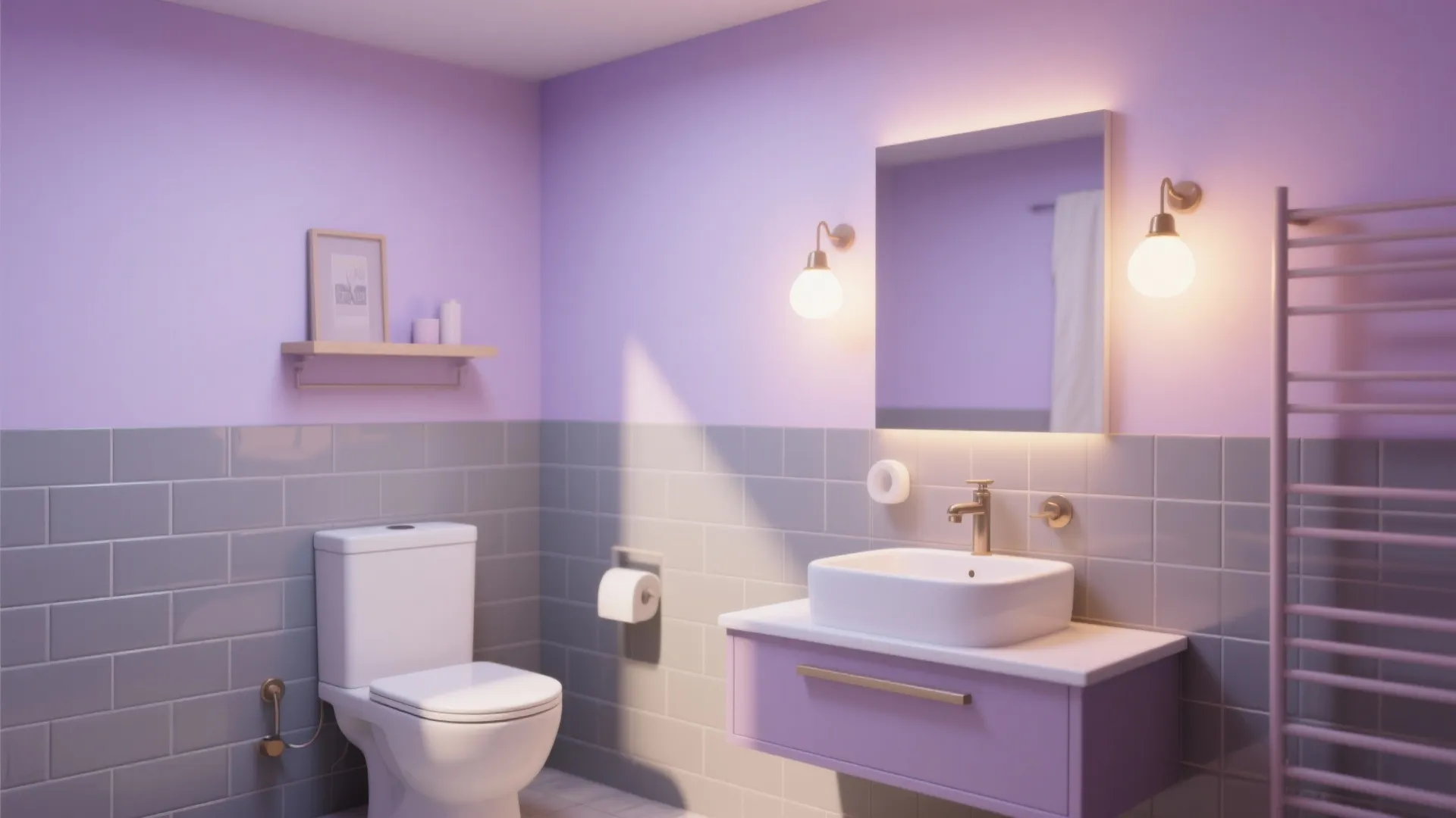 Modern bathroom with lavender walls grey subway tiles white toilet purple cabinet and two wall lights