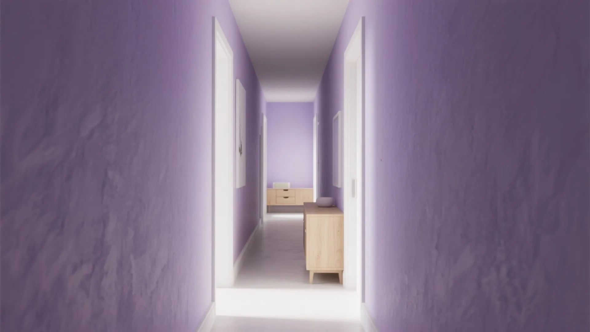 Long hallway featuring purple walls with white door frames and light wood cabinets for storage