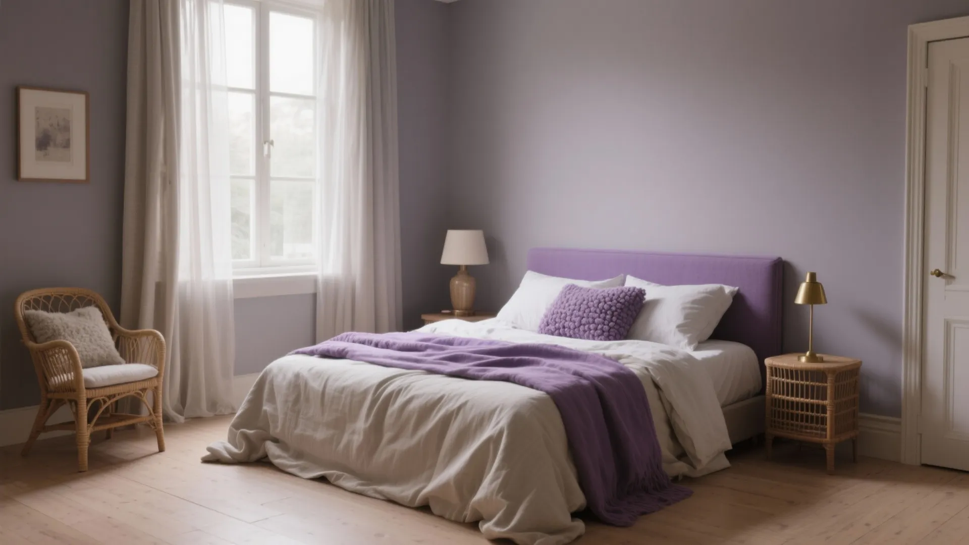 Purple bedroom with white bed, purple blanket, rattan chair, window, white curtains, and side lamps
