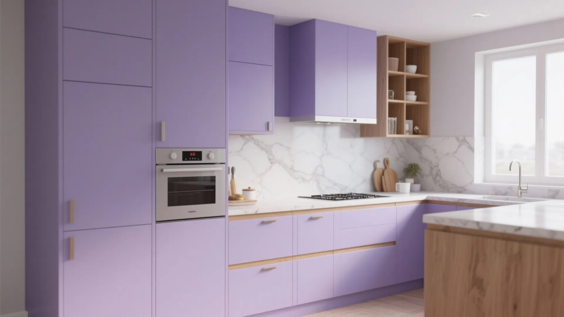 Neutral kitchen featuring a lavender backsplash and a short run of lavender cabinets beside marble and warm wood.