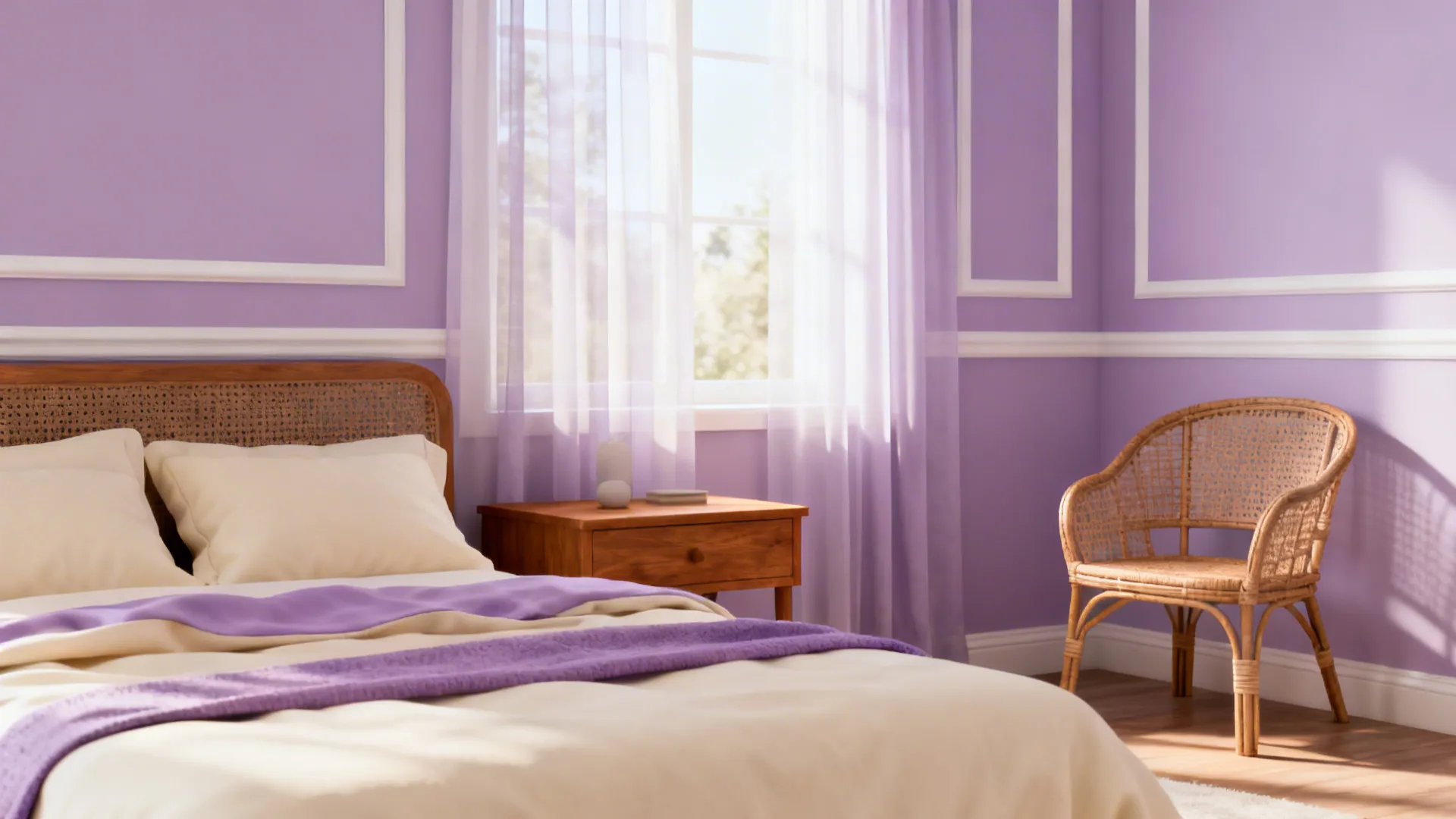 Small bedroom with soft lavender walls, sheer curtains and warm wood accents
