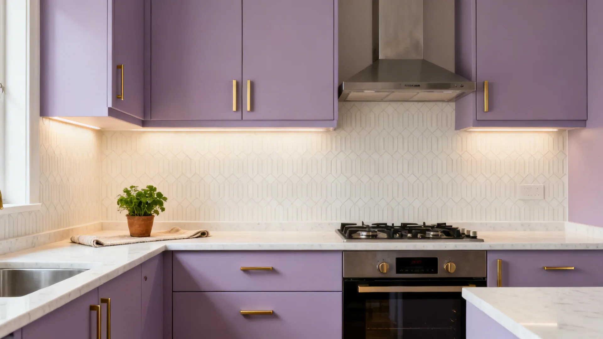 Lavender Matte Cabinets with Brass Pulls