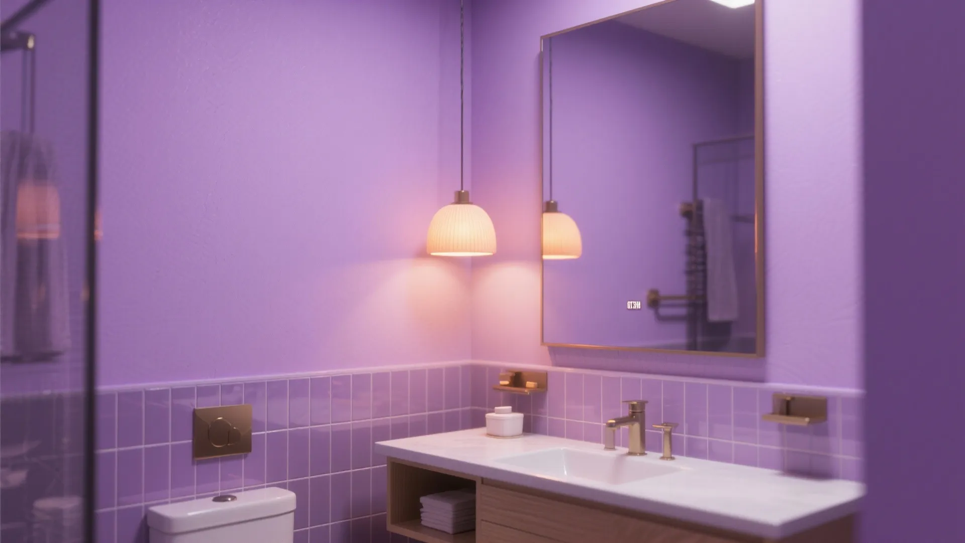 Modern bathroom with purple walls purple tiles white sink wood cabinet and hanging light fixture