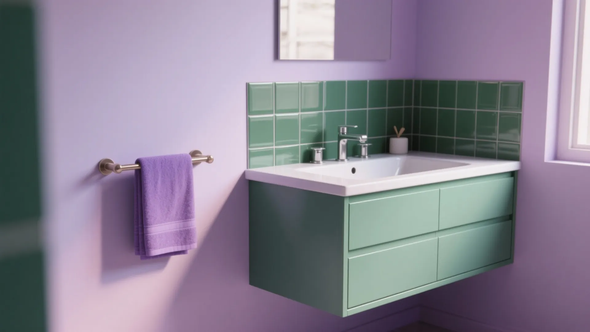 1. Soft Lavender Walls with Moss-Green Tiles