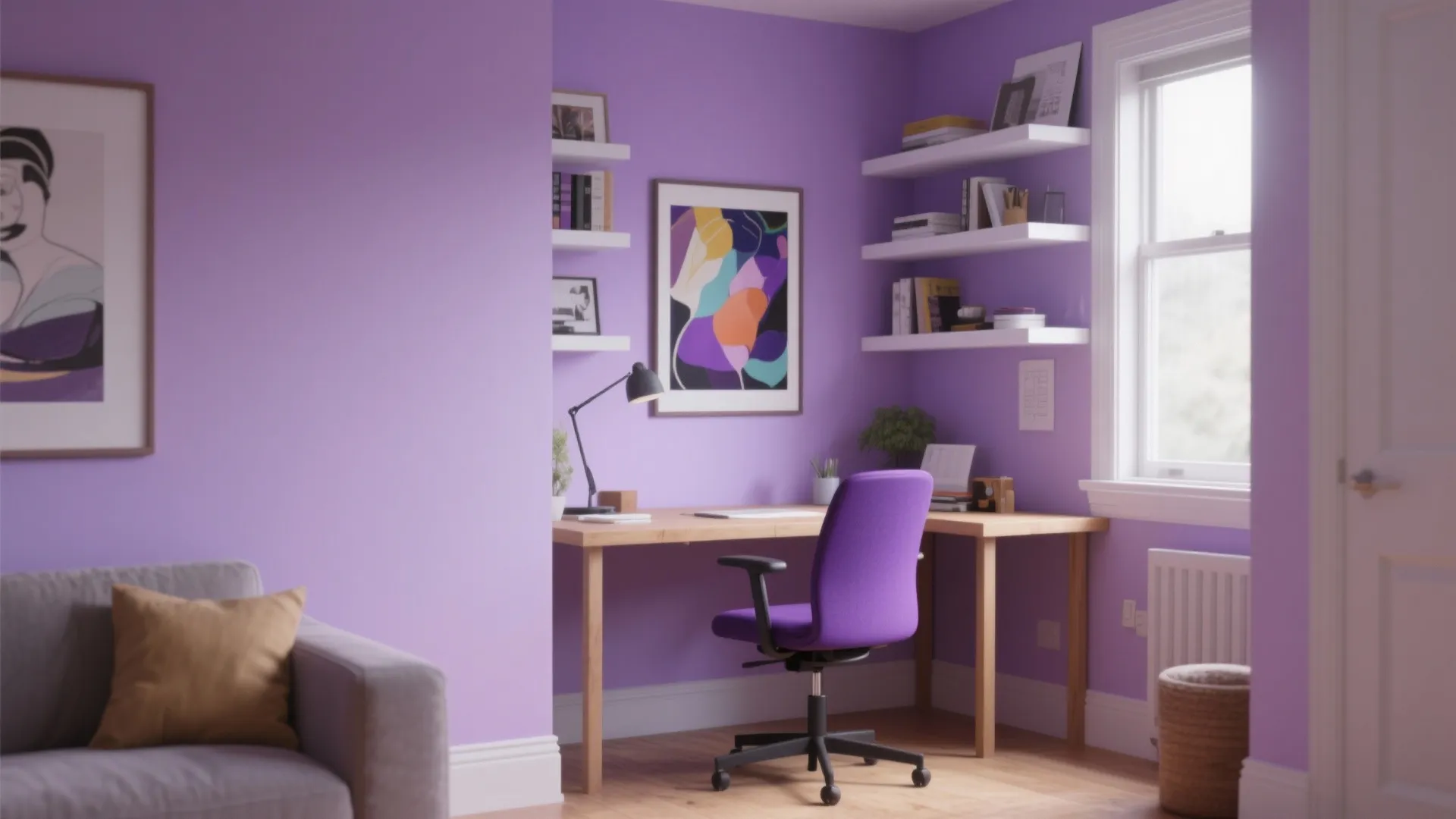Modern home office with purple walls wooden desk purple chair white shelves and natural window light