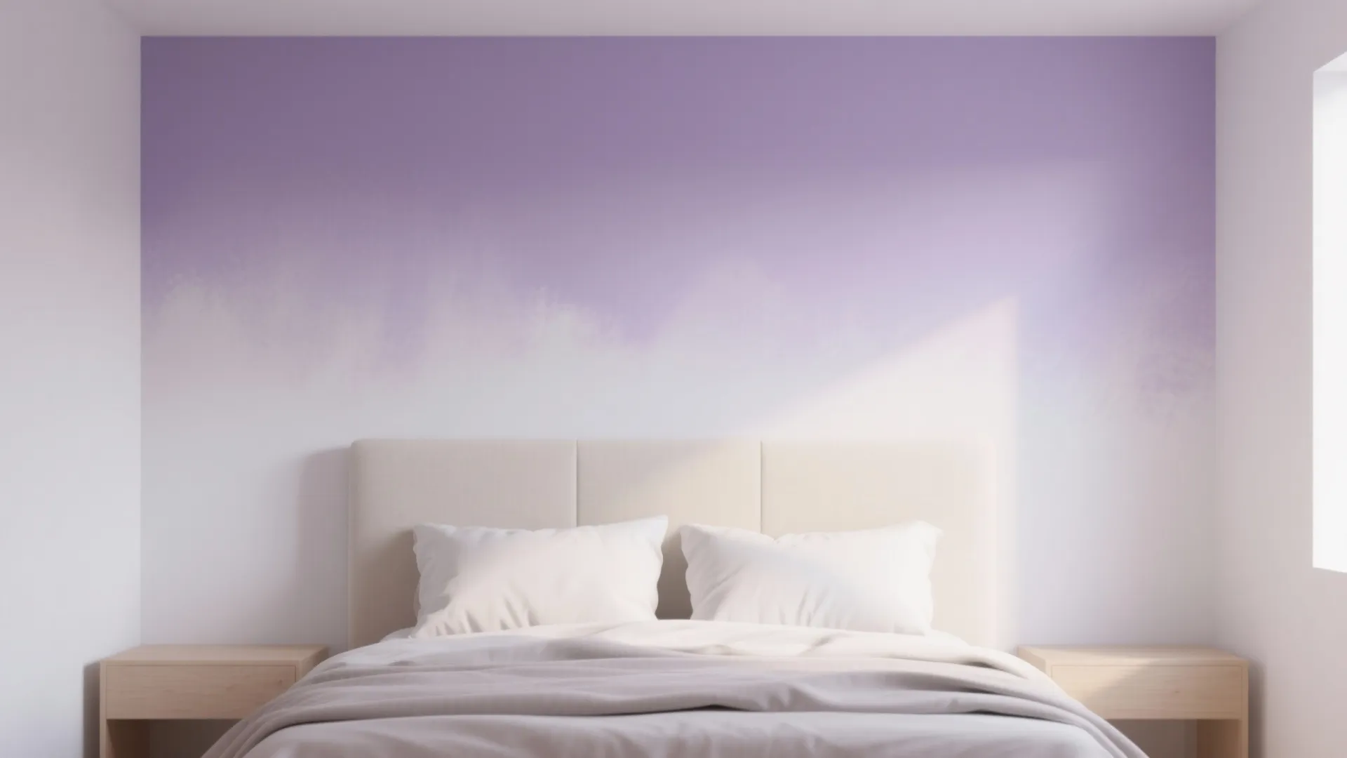 Minimalist bedroom featuring a purple ombre wall behind a beige bed with two wooden tables