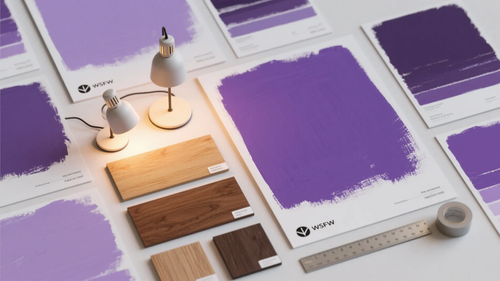 Top-down flatlay of large lavender paint swatches, poster boards, and sample testing tools.