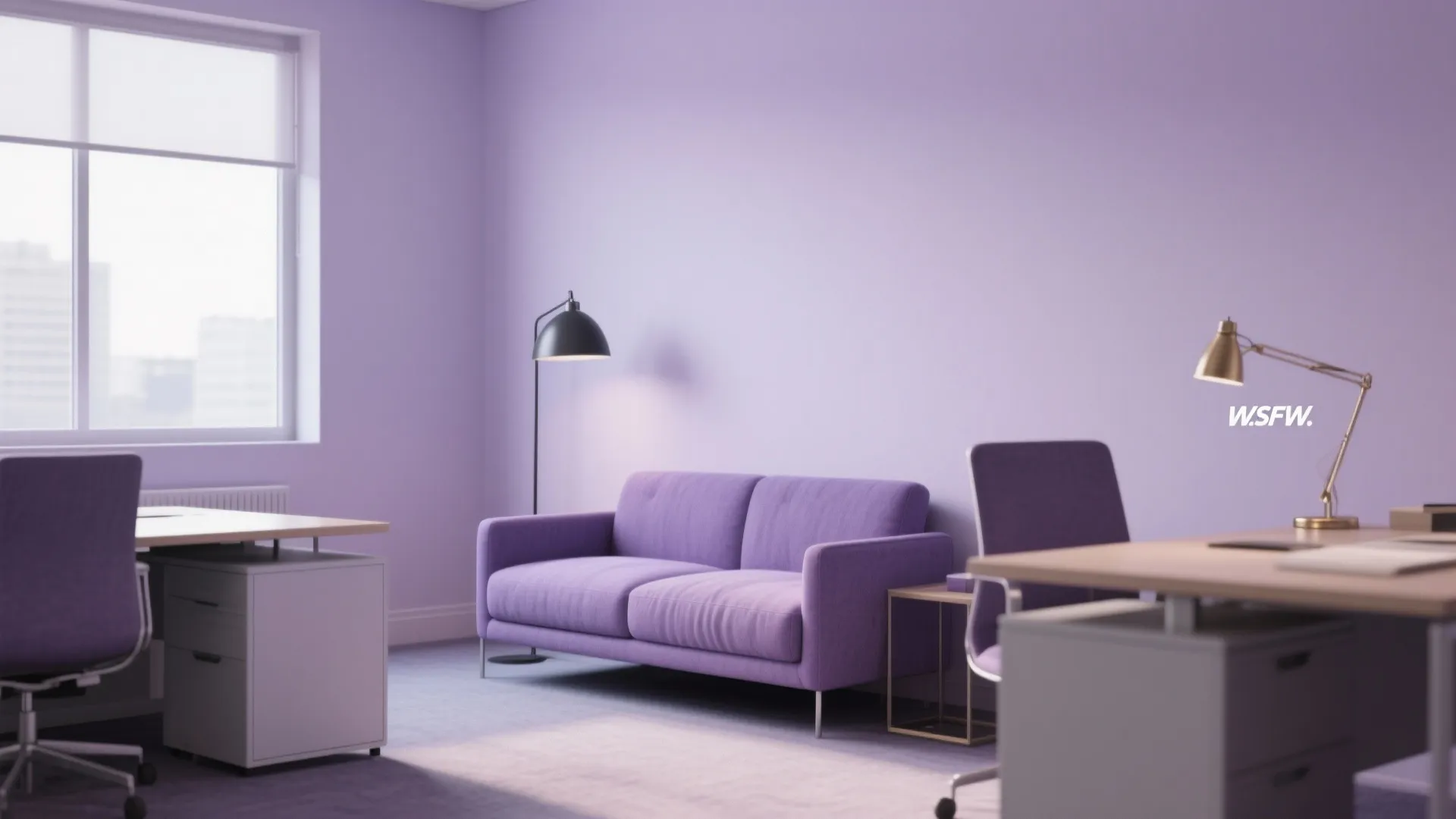 Modern office room with lavender walls purple sofa two desks floor lamp and large bright window