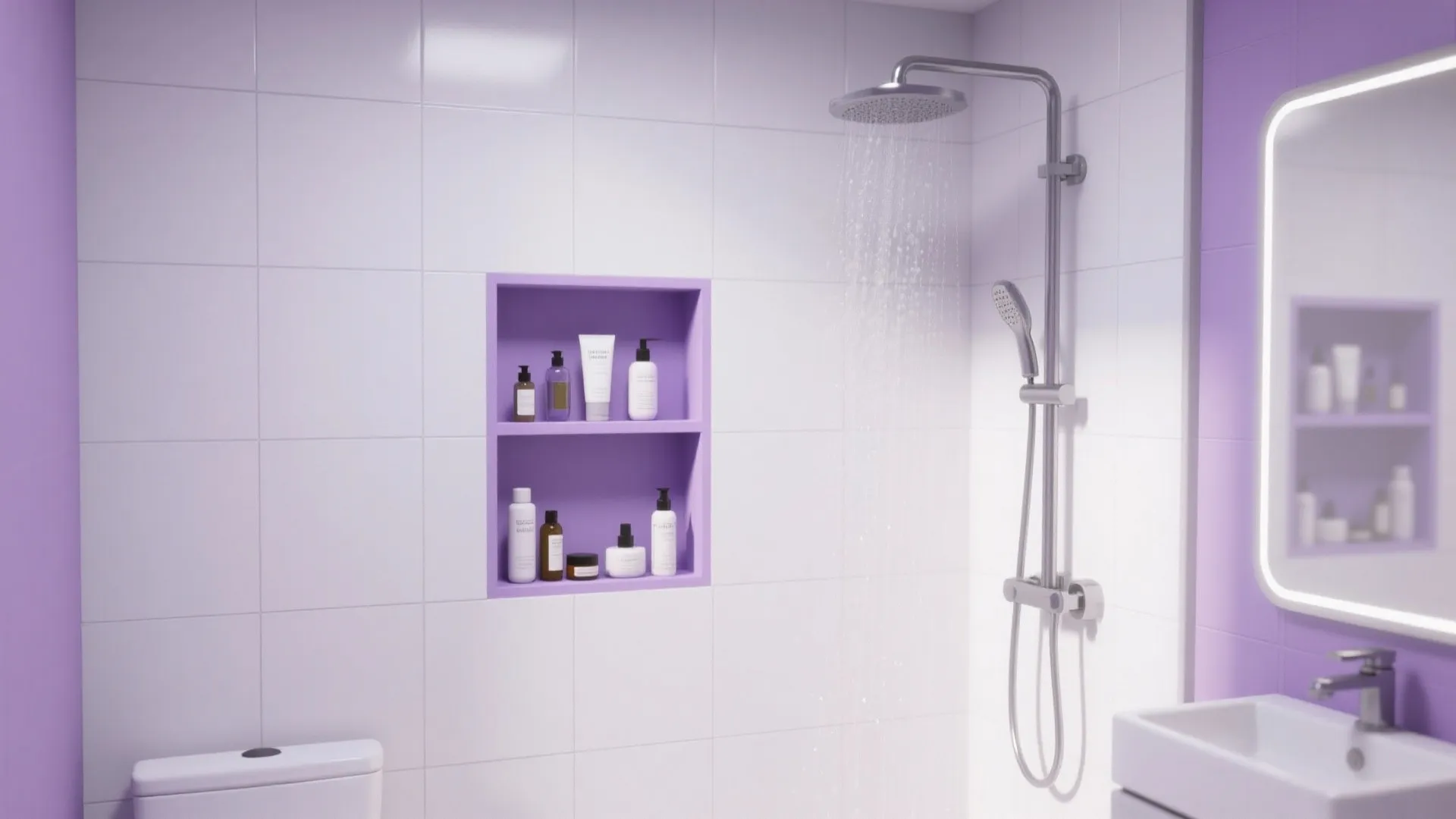 7. Built‑In Niche with Lavender Backdrop