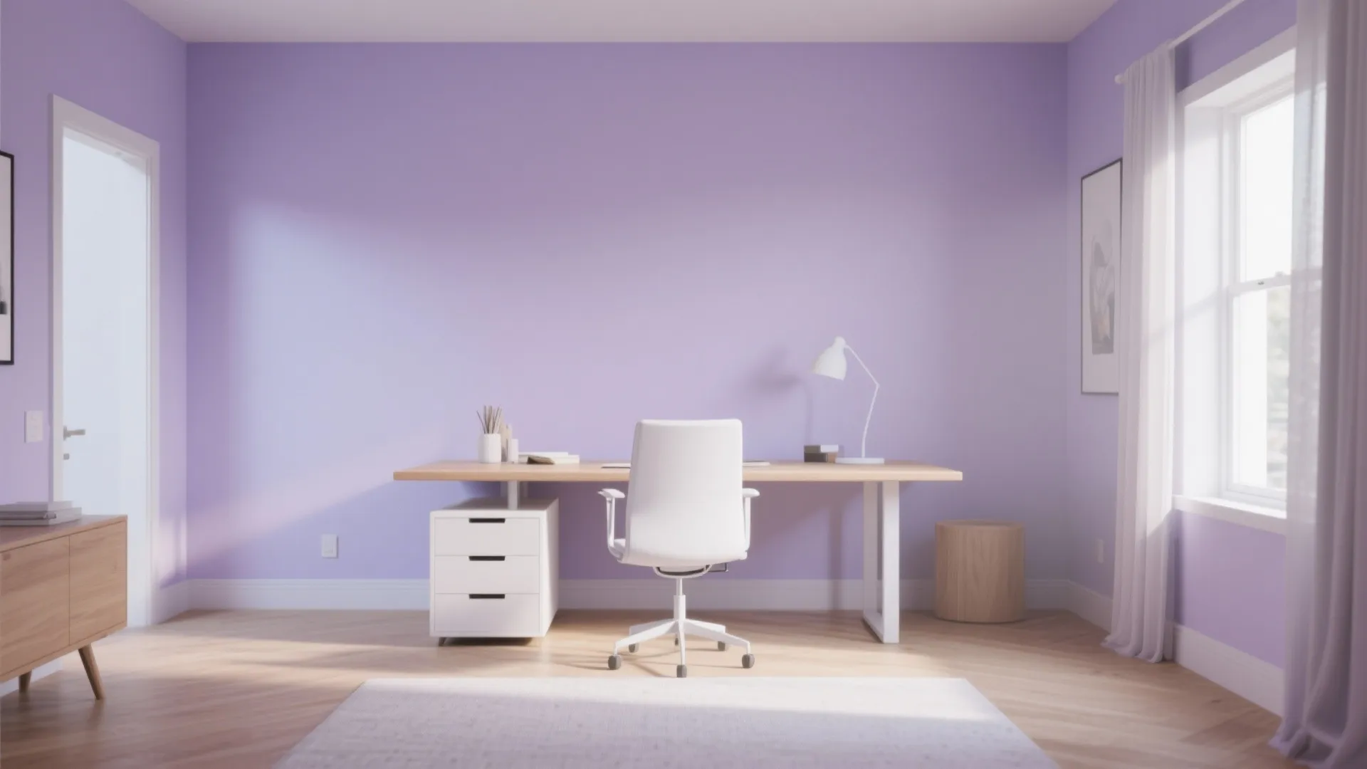 Minimalist study room with lavender walls wooden desk white chair table lamp and wooden floor