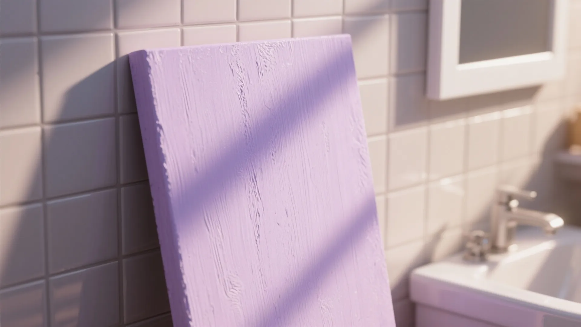 Close-up of a soft lavender paint swatch in morning light showing warm undertones and texture.