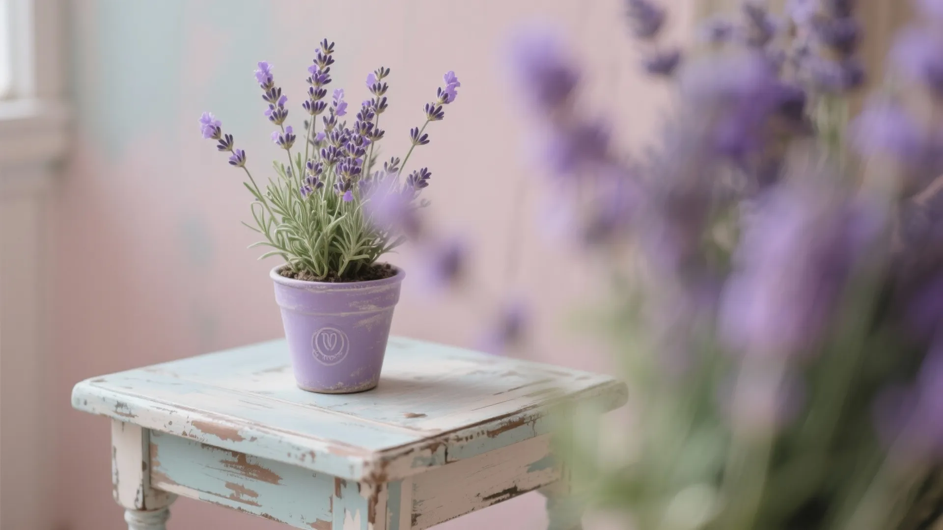 Lavender plant on a distressed shabby chic side table
