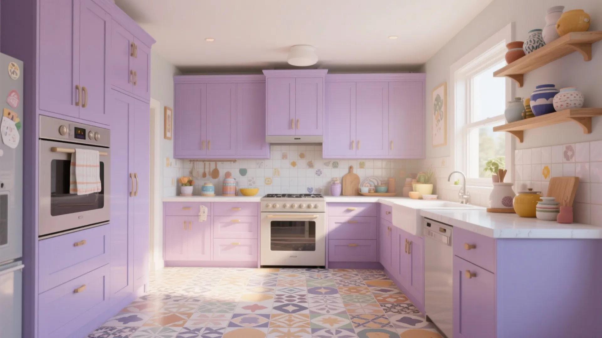 3. Lavender Cabinetry + Patterned Tile: Playful and Light