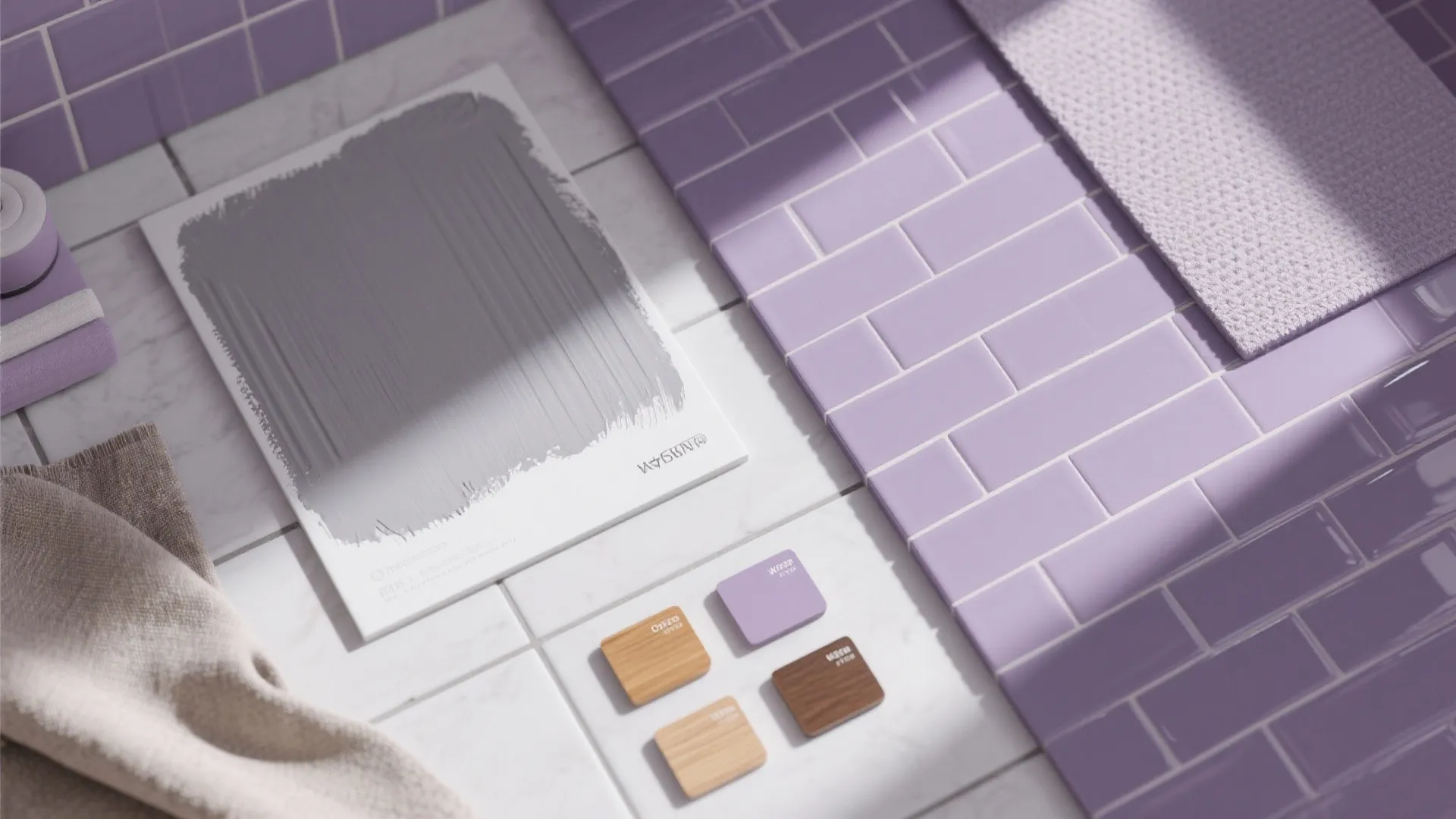 Purple wall tiles and gray paint color board with wood material samples on marble floor