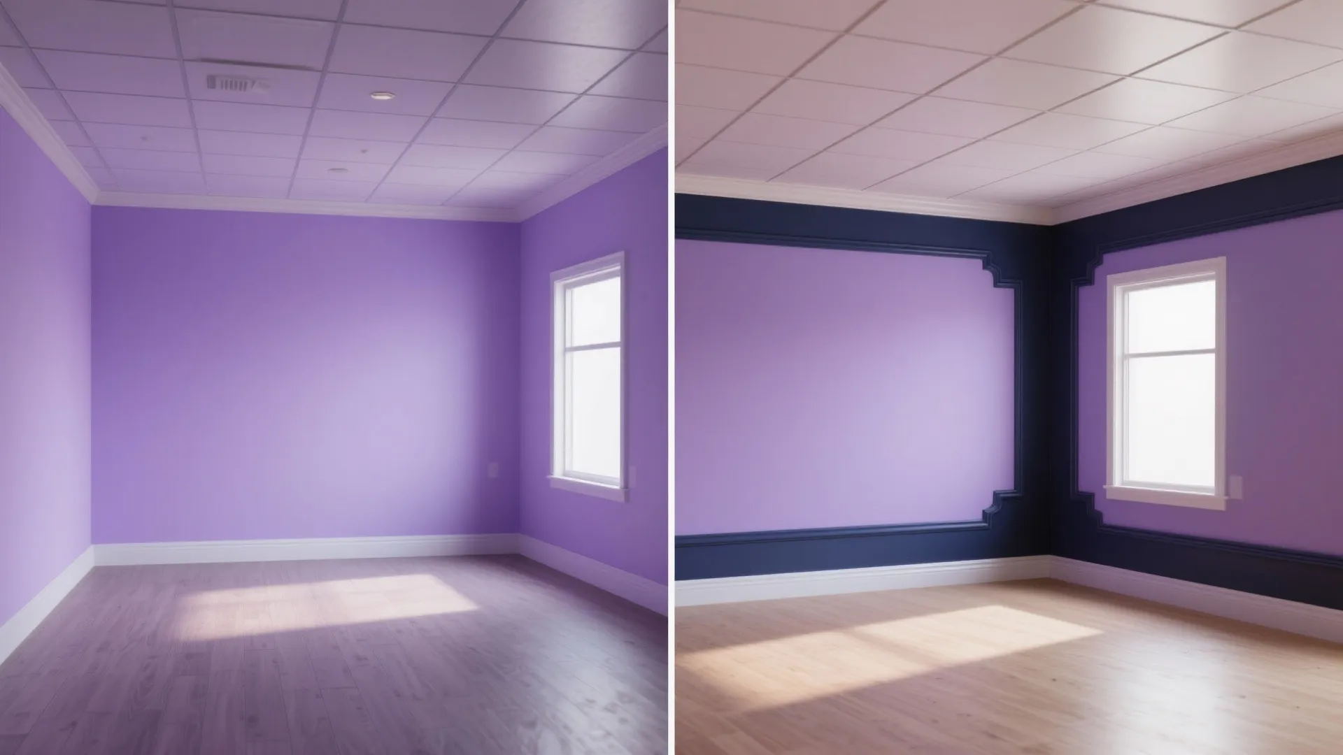 Before-and-after of a studio showing lavender walls with deep charcoal trim for high contrast.