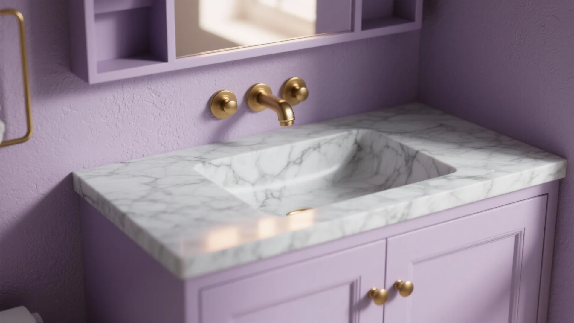 Modern purple bathroom cabinet with marble top and gold water tap against a purple wall