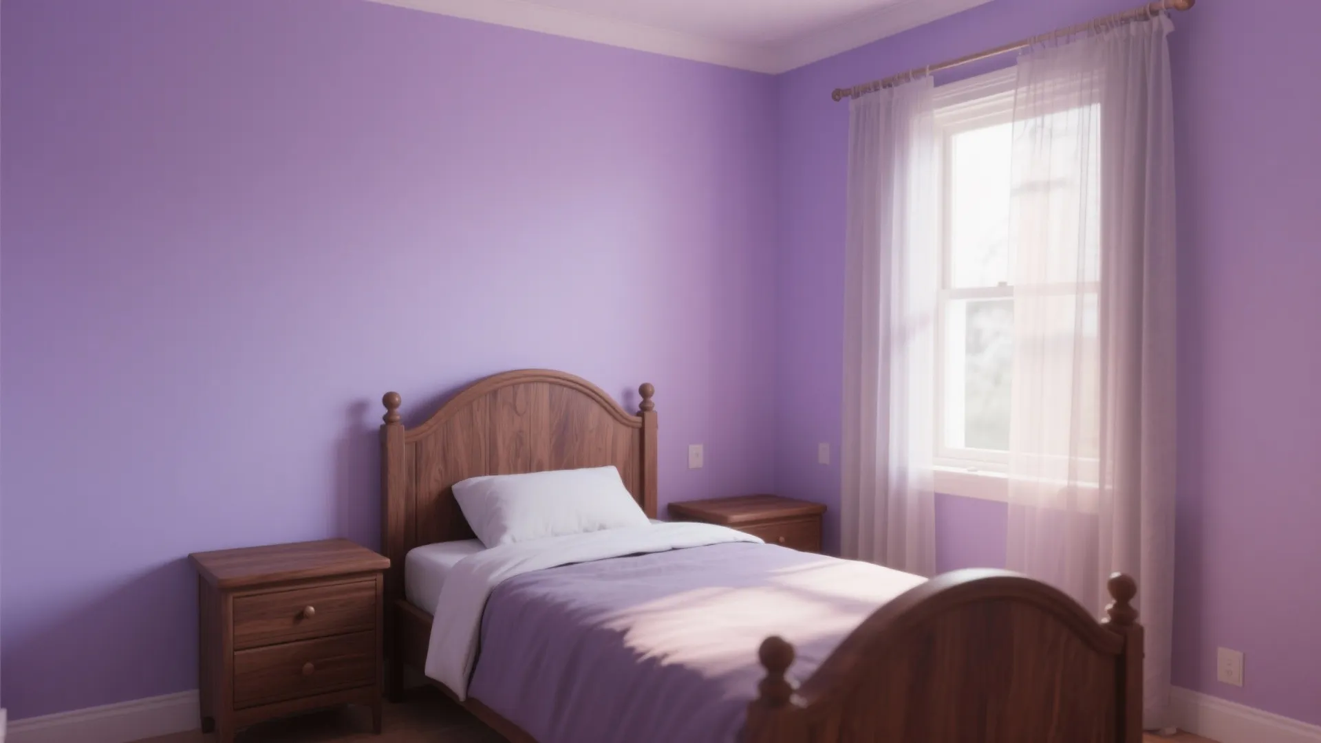 Bedroom with lavender walls and walnut furniture bathed in soft light
