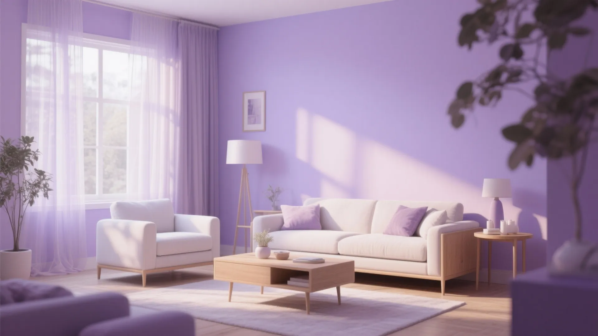 Soft lavender walls with white oak furniture in a living room