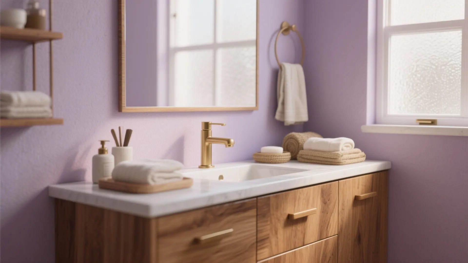 Modern bathroom with wood cabinet white sink gold tap purple walls mirror and folded towels