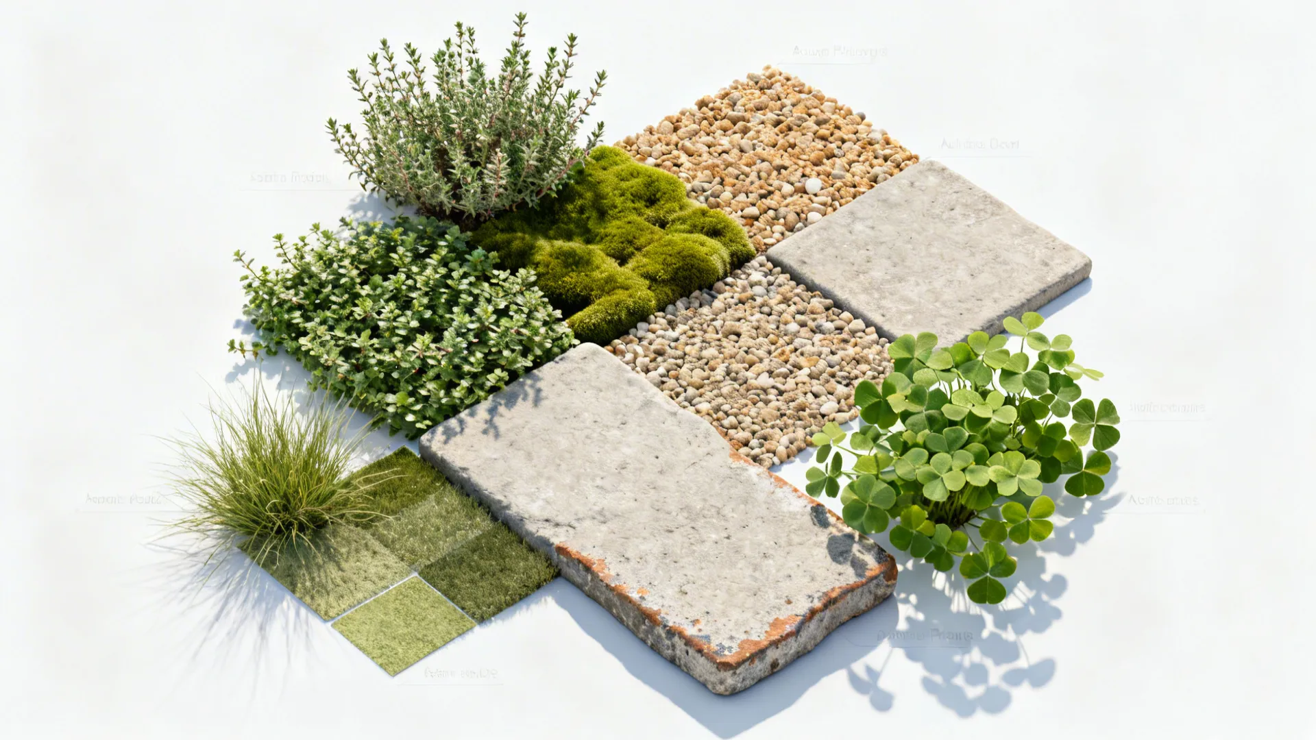 Flatlay of lawn alternatives including thyme, clover, moss, gravel and stepping stone samples.