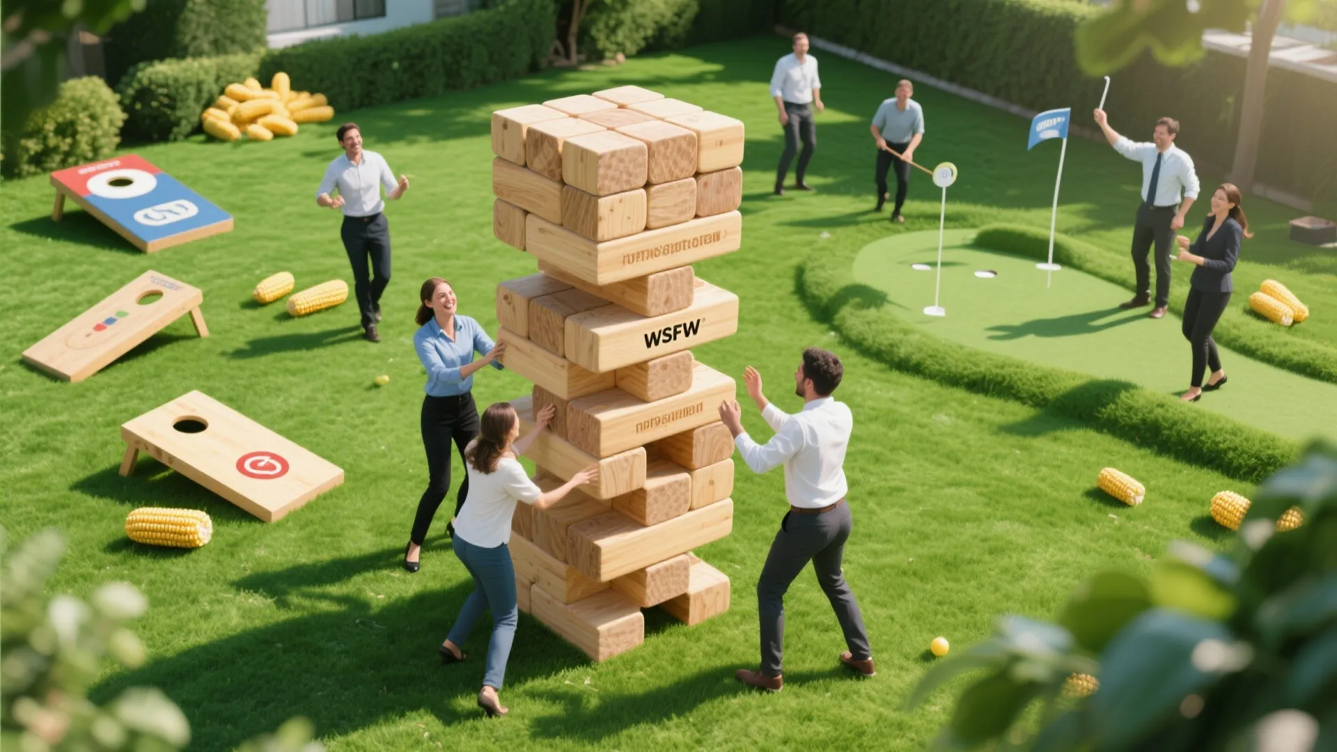 Group of colleagues playing wooden block tower and lawn games on a green office backyard