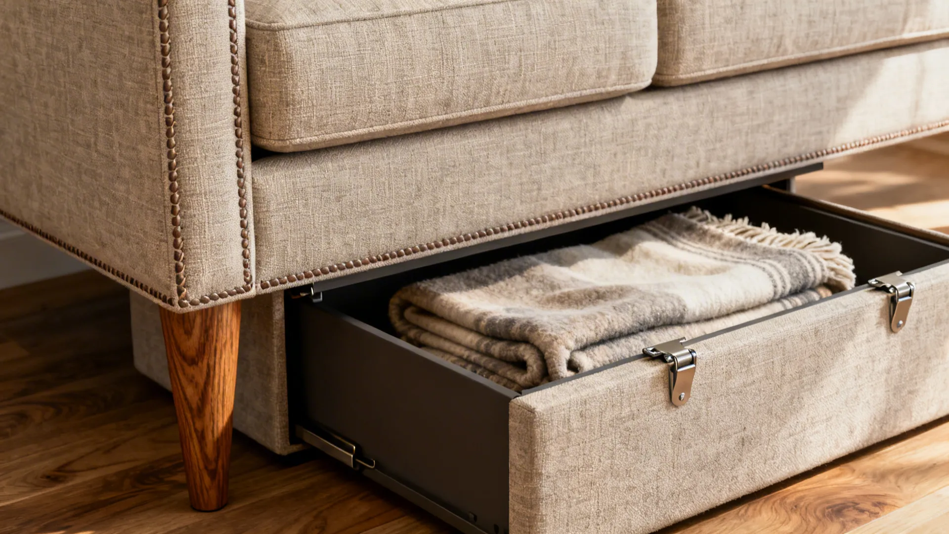 Close-up of performance fabric and tapered wood leg on a slim Lawson sofa.