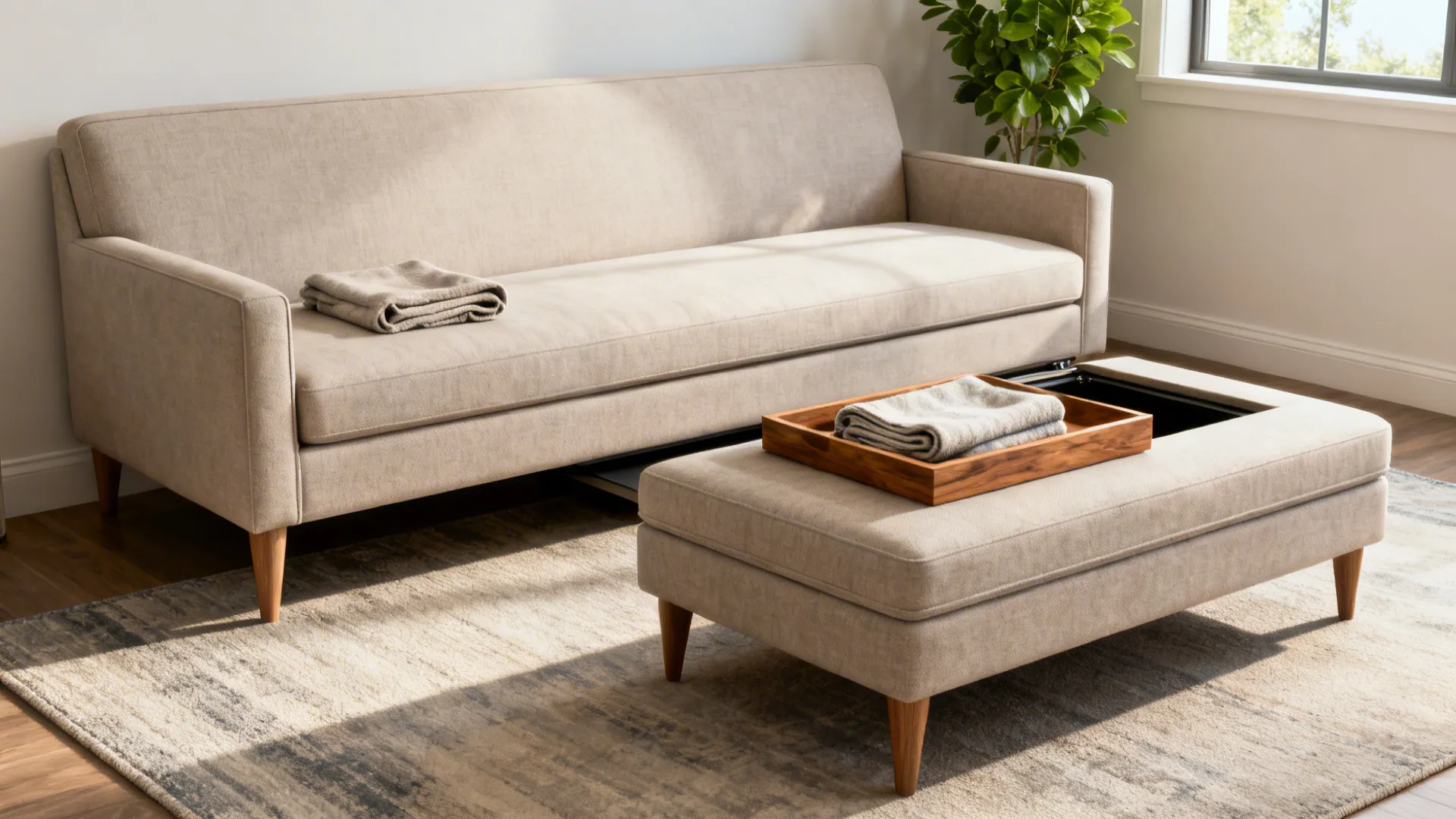 Slim-arm Lawson sofa with lift-top storage ottoman in a bright small living room.