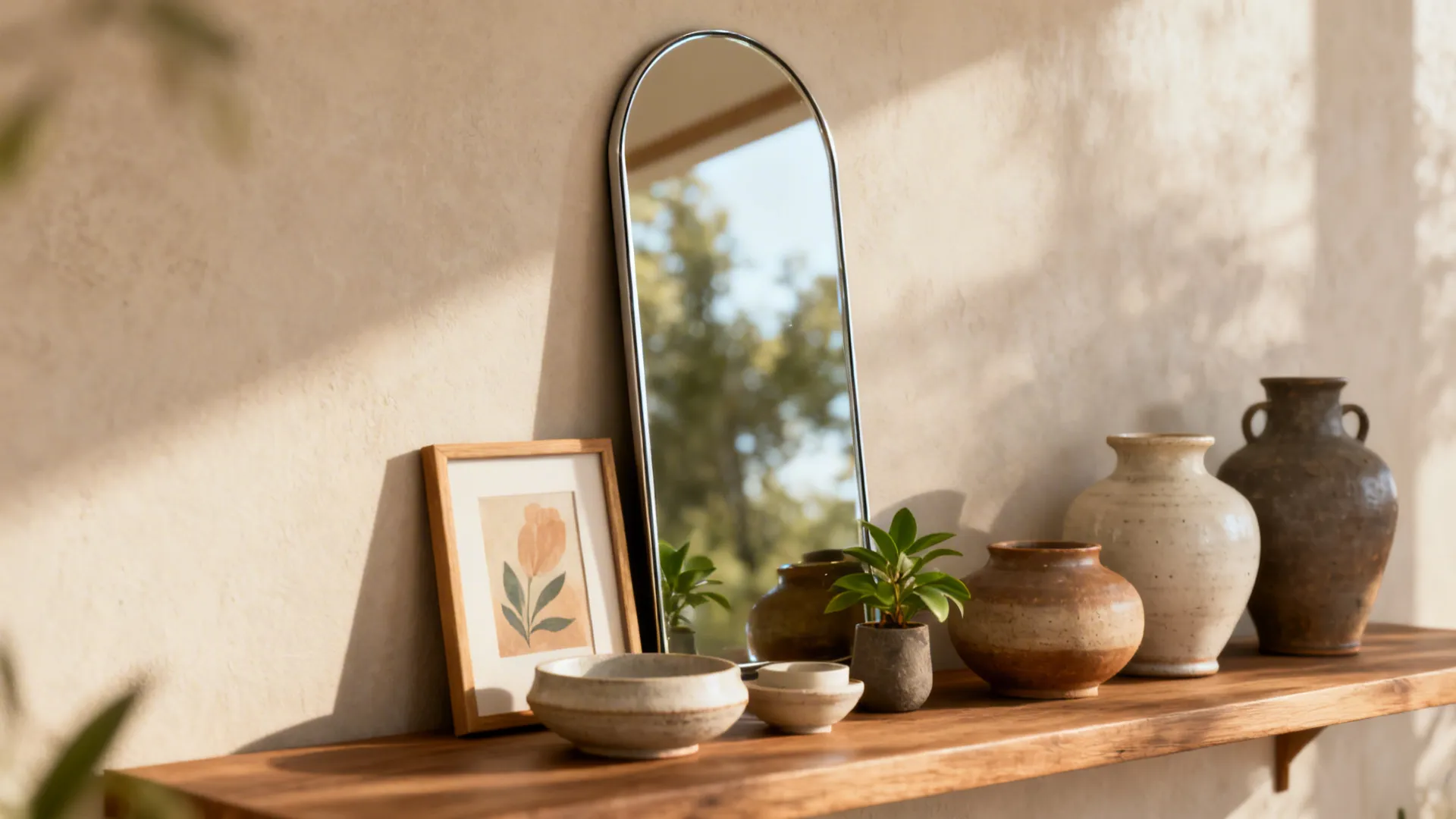 Shelf layered with a slim mirror, framed print and objects in front to add depth.