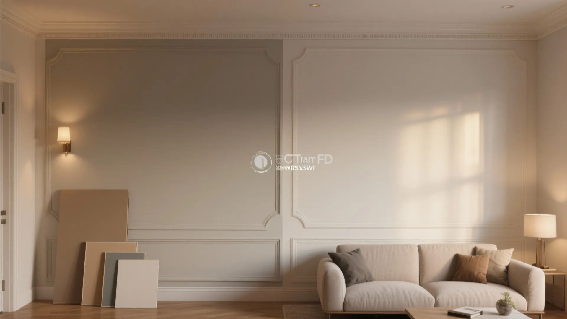 Interior design drawing with beige wall panels a comfy sofa and warm wall light fixtures